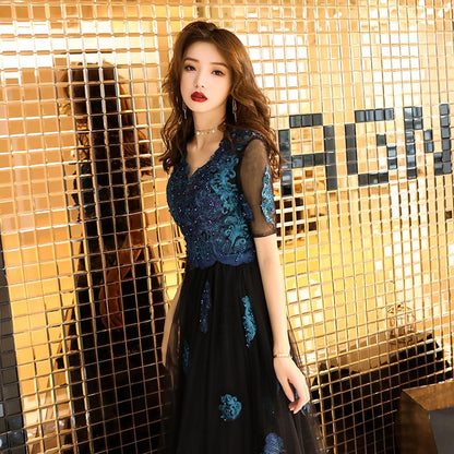 Mesh-Sleeve Floral Embroidered A-Line Mesh Evening Gown