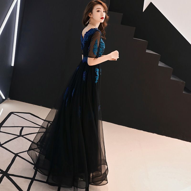 Mesh-Sleeve Floral Embroidered A-Line Mesh Evening Gown