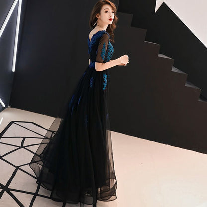 Mesh-Sleeve Floral Embroidered A-Line Mesh Evening Gown