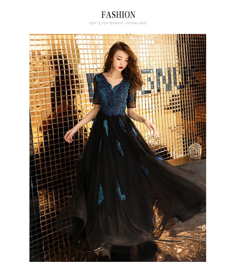 Mesh-Sleeve Floral Embroidered A-Line Mesh Evening Gown