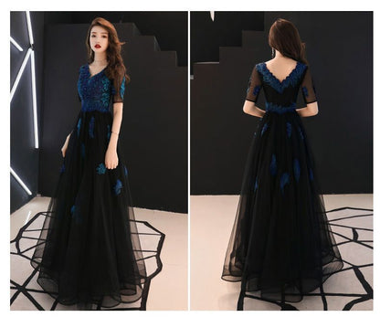 Mesh-Sleeve Floral Embroidered A-Line Mesh Evening Gown