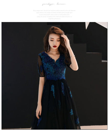 Mesh-Sleeve Floral Embroidered A-Line Mesh Evening Gown