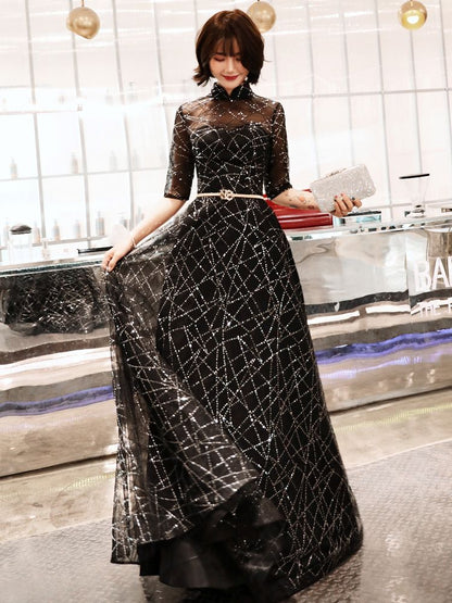 Elbow-Sleeve Sequined A-Line Mesh Evening Gown