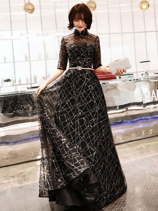 Elbow-Sleeve Sequined A-Line Mesh Evening Gown