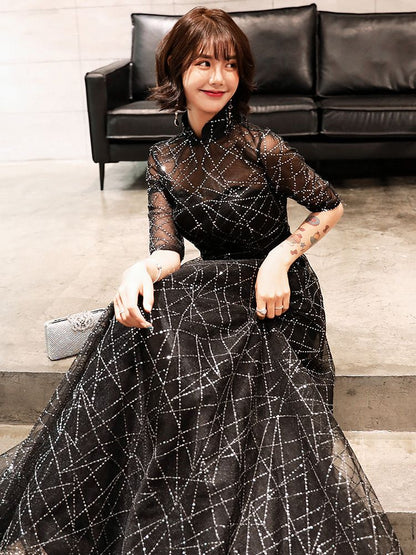 Elbow-Sleeve Sequined A-Line Mesh Evening Gown