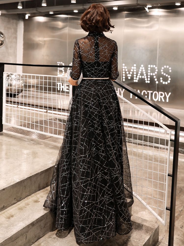 Elbow-Sleeve Sequined A-Line Mesh Evening Gown