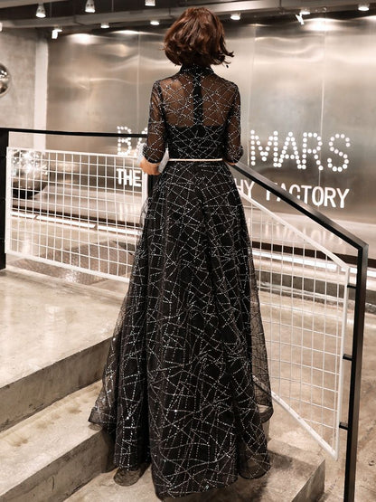 Elbow-Sleeve Sequined A-Line Mesh Evening Gown