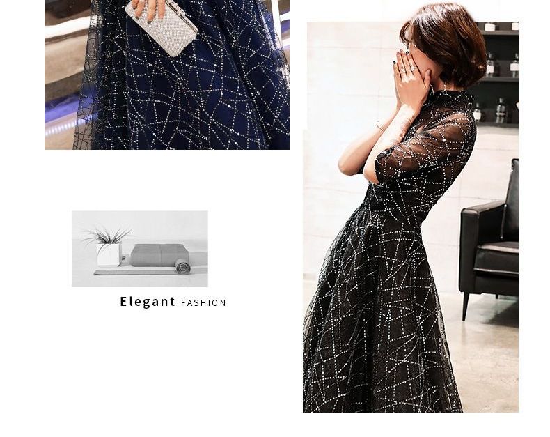 Elbow-Sleeve Sequined A-Line Mesh Evening Gown