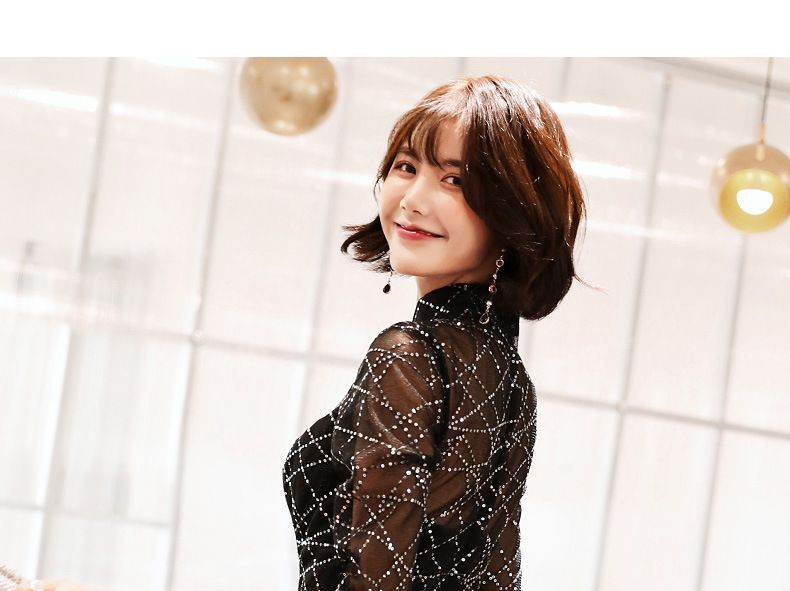 Elbow-Sleeve Sequined A-Line Mesh Evening Gown