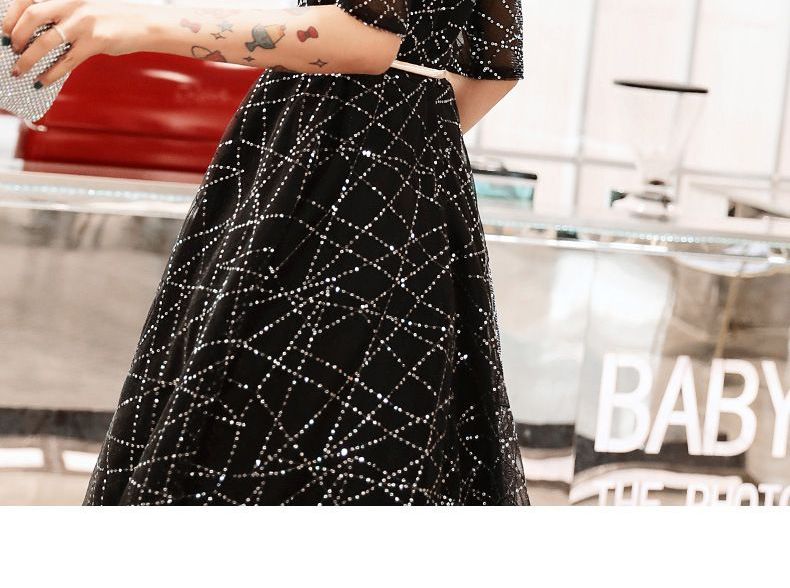 Elbow-Sleeve Sequined A-Line Mesh Evening Gown