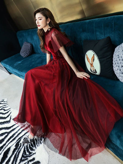 Ruffle-Sleeve Paneled A-Line Mesh Evening Gown