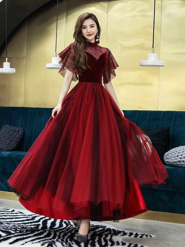 Ruffle-Sleeve Paneled A-Line Mesh Evening Gown