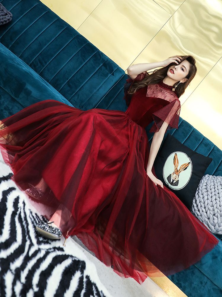 Ruffle-Sleeve Paneled A-Line Mesh Evening Gown