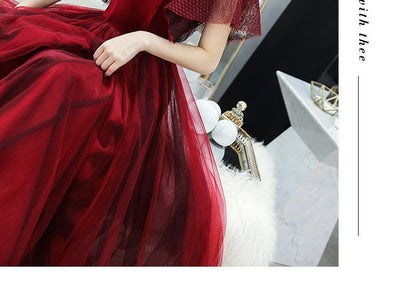 Ruffle-Sleeve Paneled A-Line Mesh Evening Gown