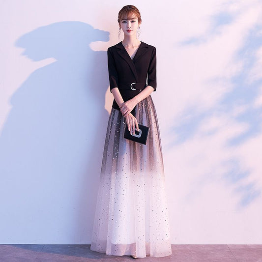 Elbow-Sleeve Belted Sequined A-Line Mesh Evening Gown