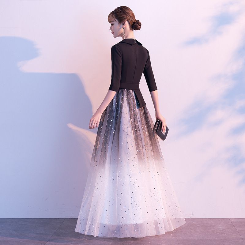 Elbow-Sleeve Belted Sequined A-Line Mesh Evening Gown