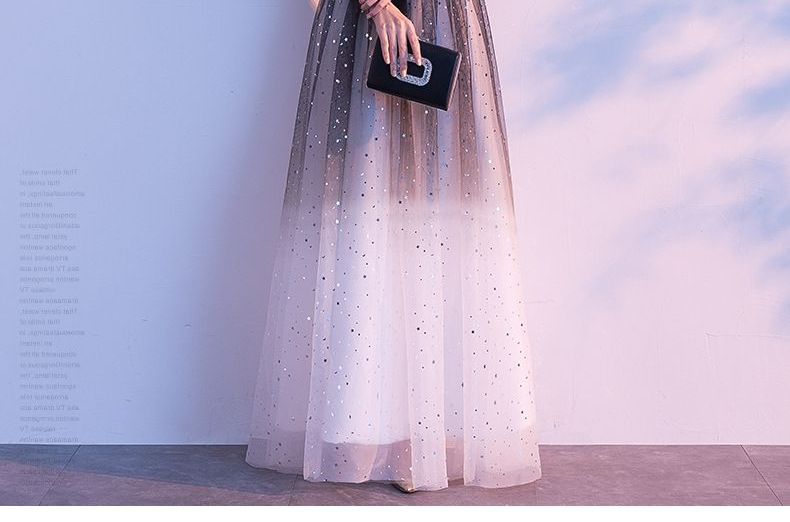 Elbow-Sleeve Belted Sequined A-Line Mesh Evening Gown