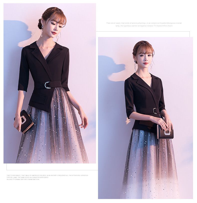 Elbow-Sleeve Belted Sequined A-Line Mesh Evening Gown