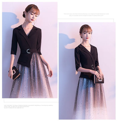 Elbow-Sleeve Belted Sequined A-Line Mesh Evening Gown