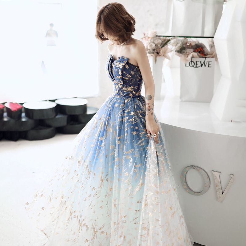 Strapless A-Line Gold Pattern Mesh Evening Gown