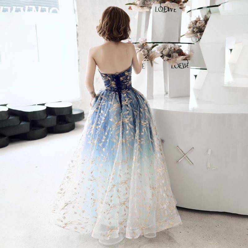 Strapless A-Line Gold Pattern Mesh Evening Gown