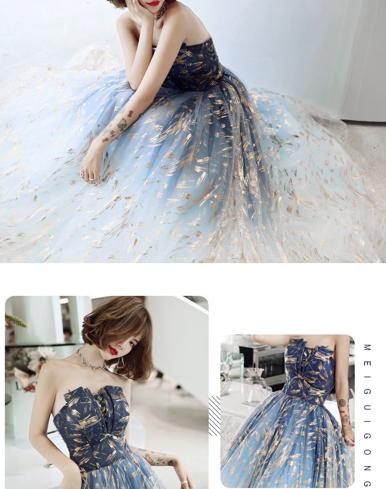 Strapless A-Line Gold Pattern Mesh Evening Gown