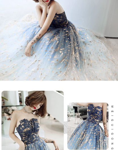 Strapless A-Line Gold Pattern Mesh Evening Gown