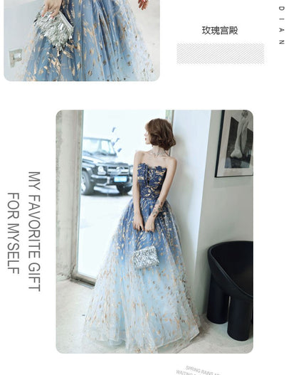 Strapless A-Line Gold Pattern Mesh Evening Gown