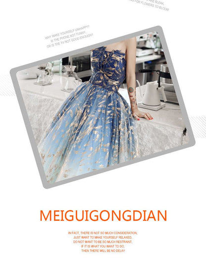 Strapless A-Line Gold Pattern Mesh Evening Gown