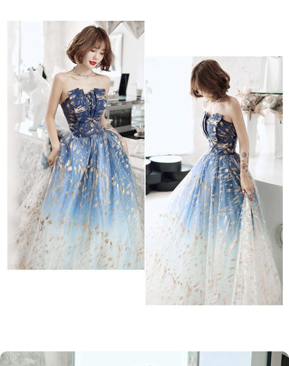 Strapless A-Line Gold Pattern Mesh Evening Gown