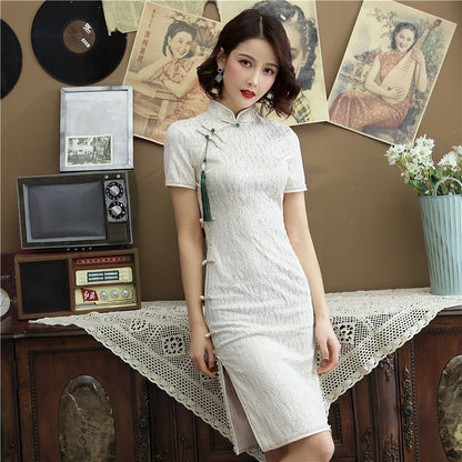 Patterned Short-Sleeve Qipao