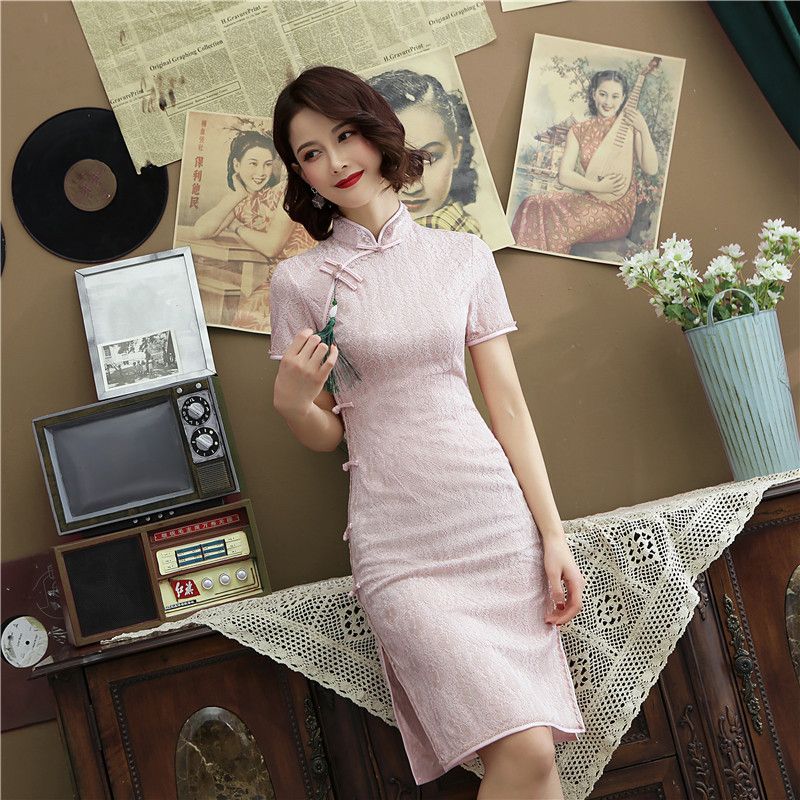 Patterned Short-Sleeve Qipao