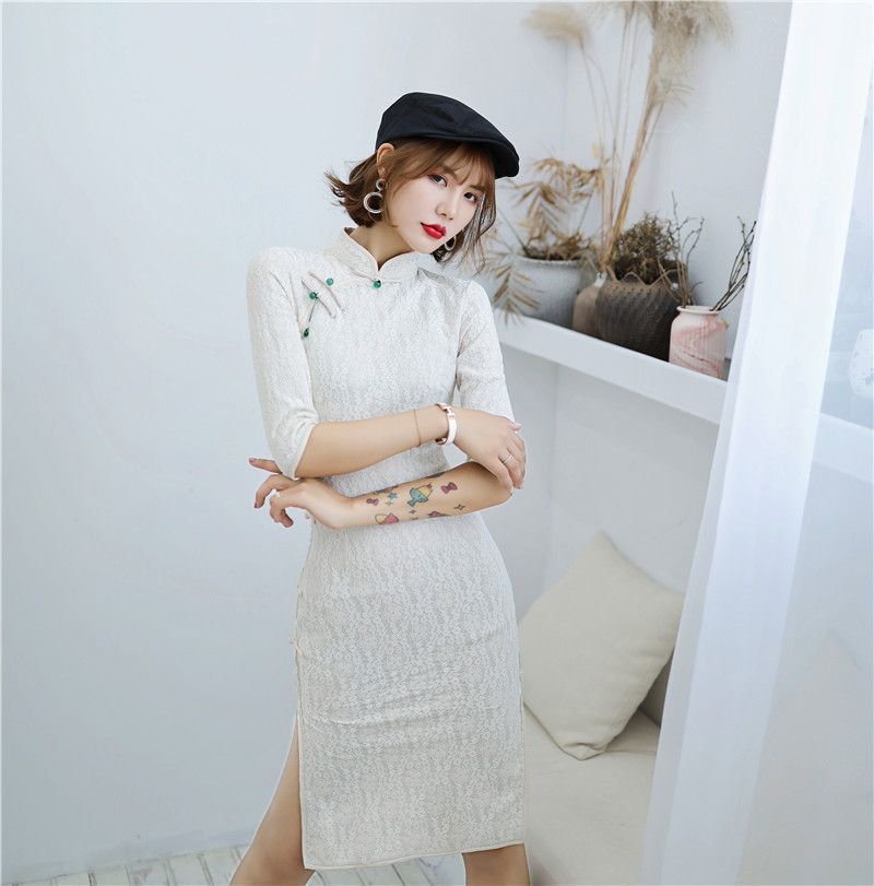 Patterned Short-Sleeve Qipao