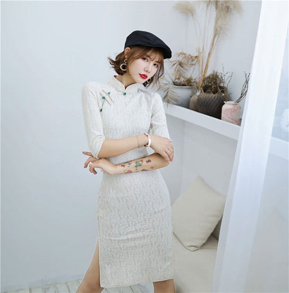 Patterned Short-Sleeve Qipao