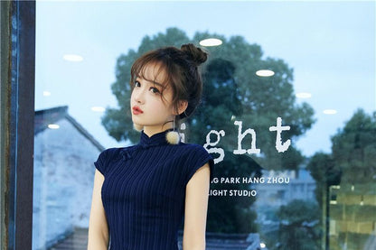 Striped Cap-Sleeve Qipao