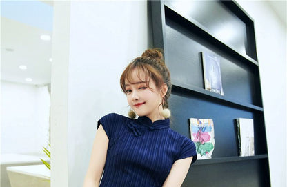 Striped Cap-Sleeve Qipao