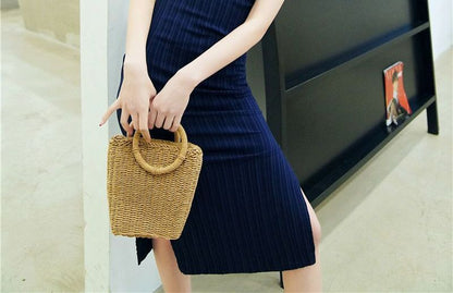 Striped Cap-Sleeve Qipao
