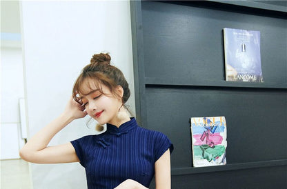 Striped Cap-Sleeve Qipao