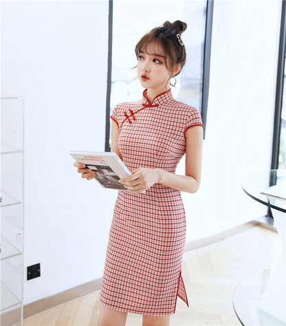 Plaid Short-Sleeve Qipao