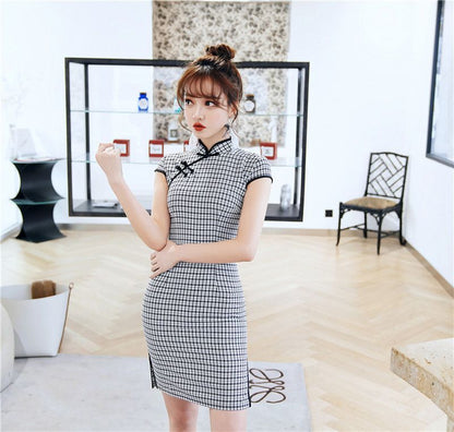 Plaid Short-Sleeve Qipao