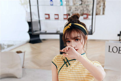 Plaid Short-Sleeve Qipao