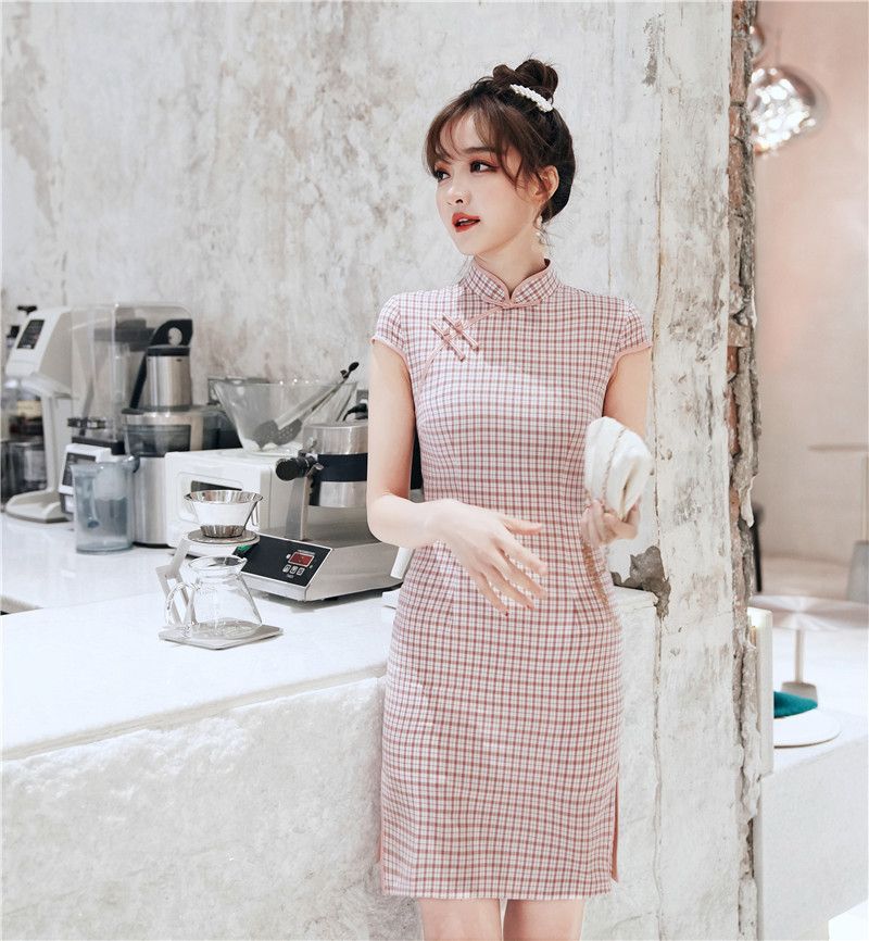 Plaid Short-Sleeve Qipao