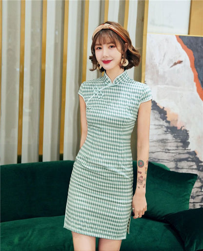 Plaid Short-Sleeve Qipao