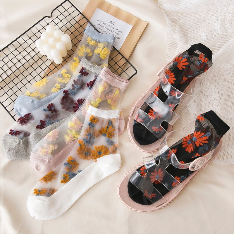 Set Of 3 Pairs: Floral Print Mesh Socks