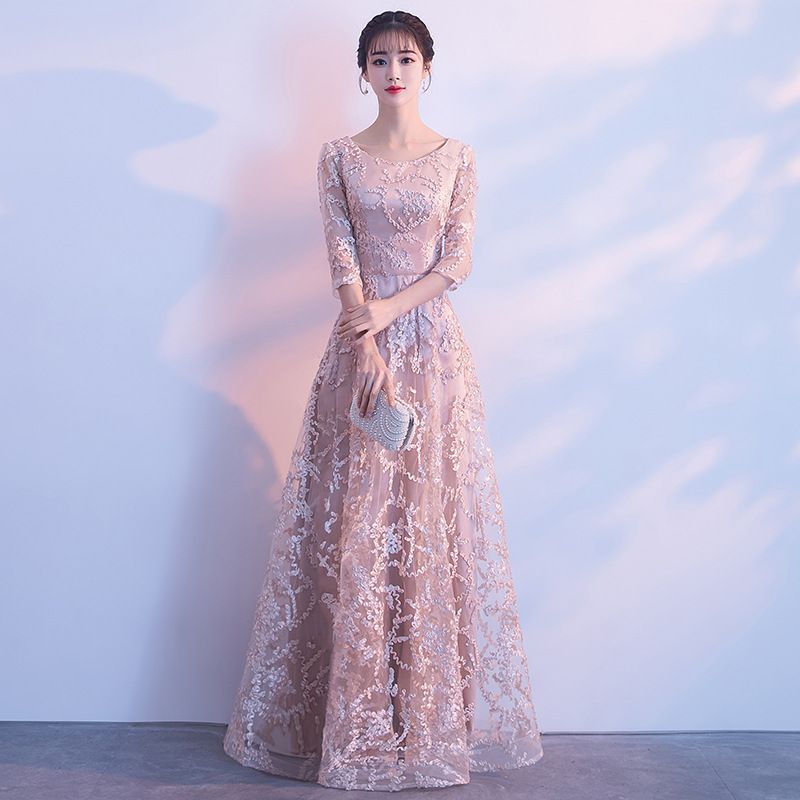 Elbow-Sleeve Floral Applique A-Line Cocktail Dress / Gown