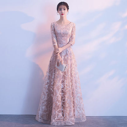 Elbow-Sleeve Floral Applique A-Line Cocktail Dress / Gown