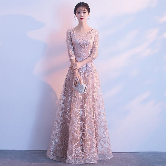 Elbow-Sleeve Floral Applique A-Line Cocktail Dress / Gown