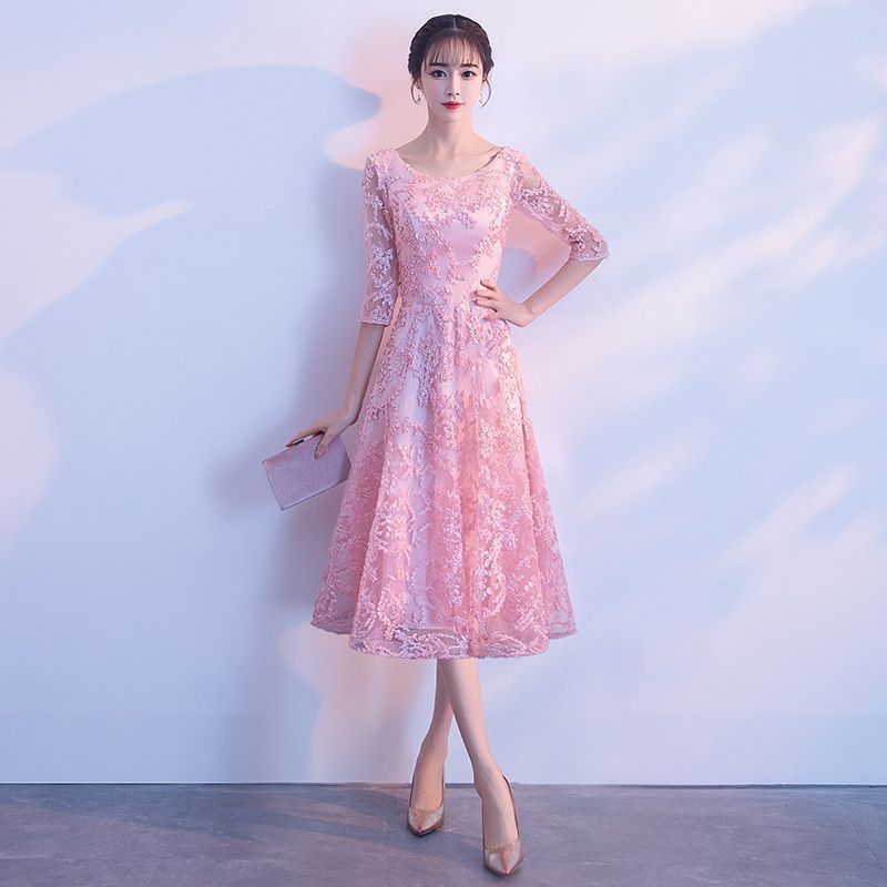 Elbow-Sleeve Floral Applique A-Line Cocktail Dress / Gown