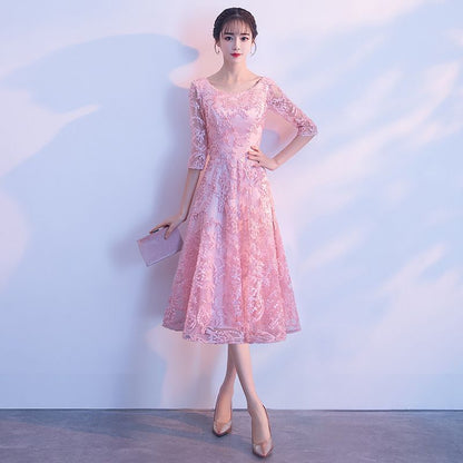 Elbow-Sleeve Floral Applique A-Line Cocktail Dress / Gown