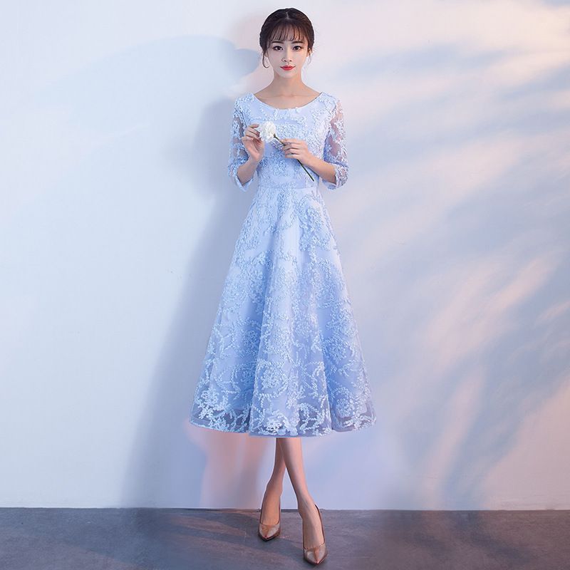 Elbow-Sleeve Floral Applique A-Line Cocktail Dress / Gown